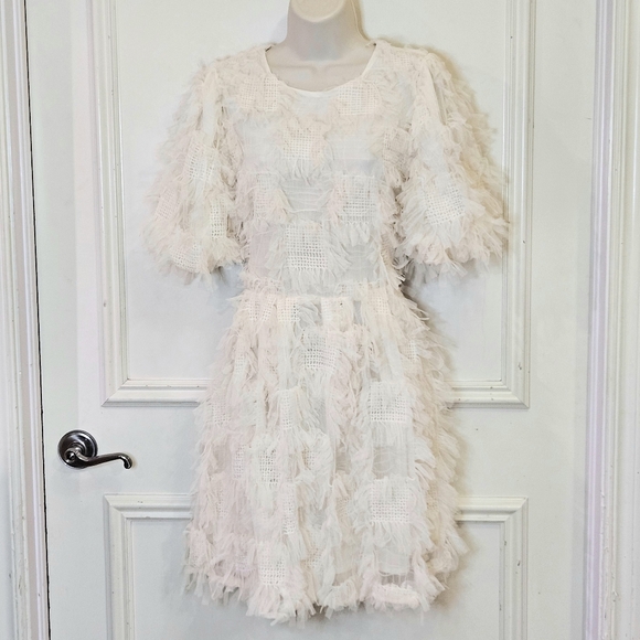 Endless Rose Cream Abstract Textured Mesh Puff Sleeve Mini Dress,Medium - Picture 2 of 16